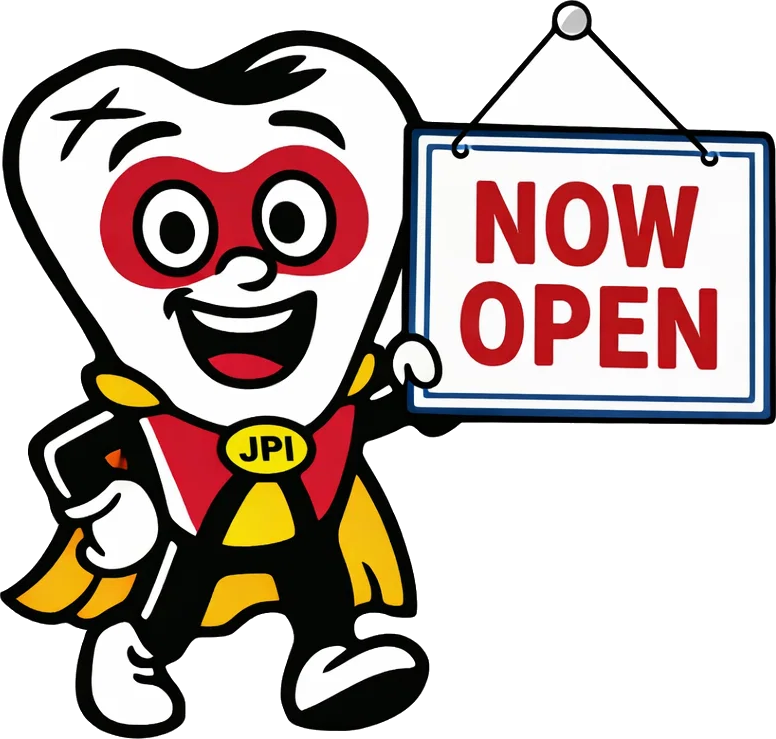 Just Pull It superhero tooth mascot — Now Open