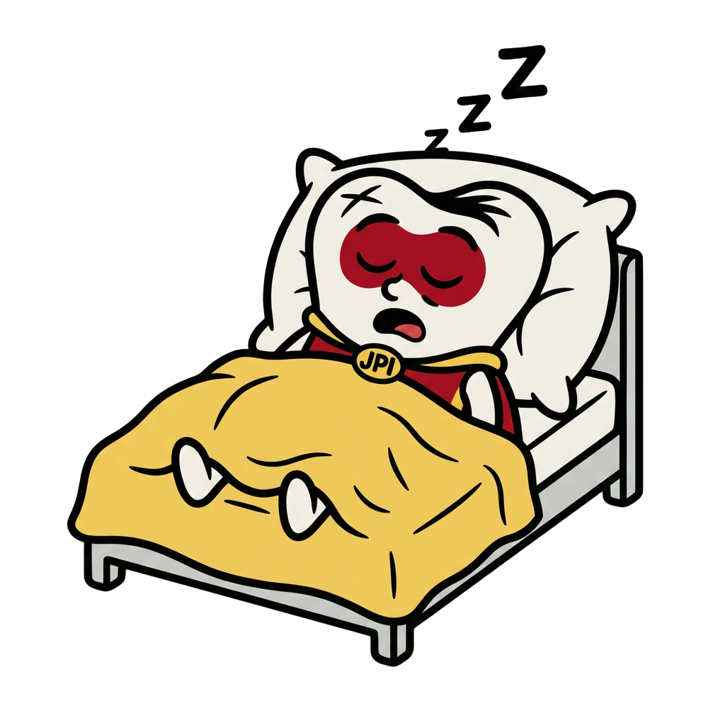 Sleeping superhero tooth mascot resting peacefully in bed